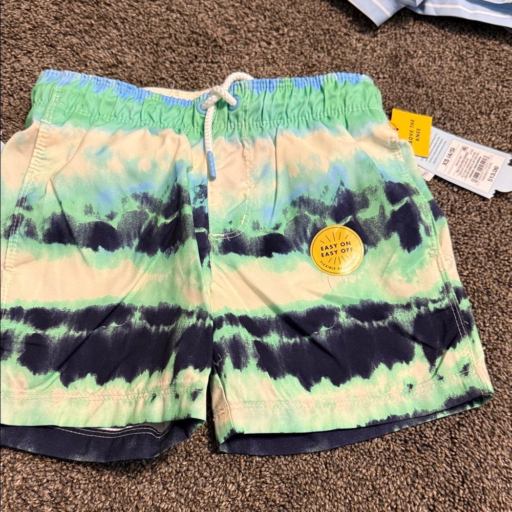Cat & Jack Boys Tie-Dye Swim Trunks in Green, Navy, Cream